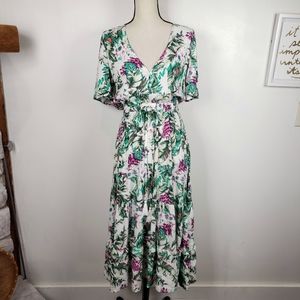 Sunday Mi Amor White & Green Tropical Floral Short Sleeve Tiered Maxi Dress S